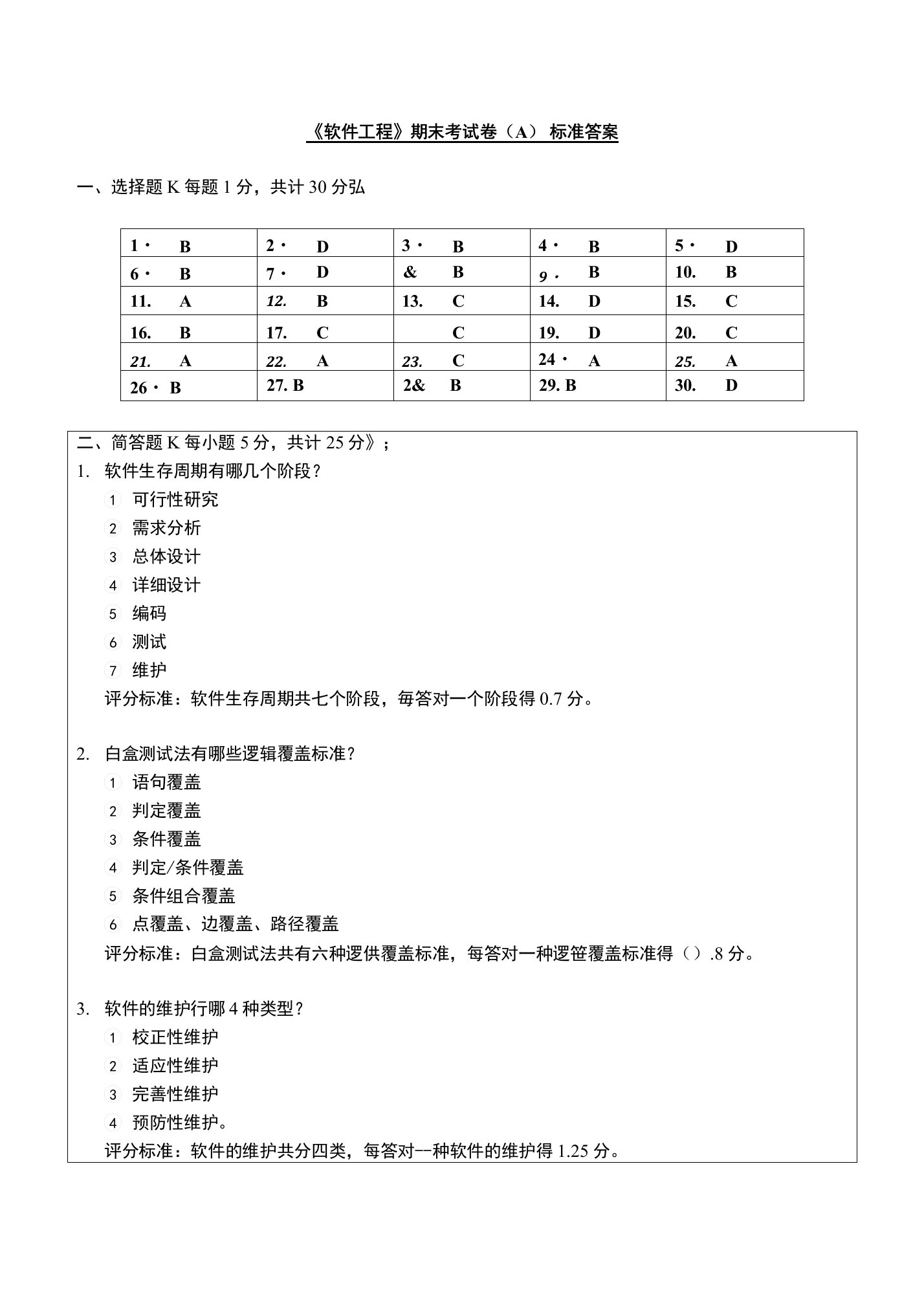 《软件工程》期末考试卷（A）