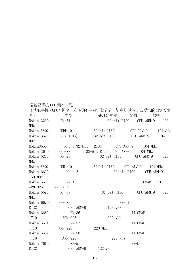 诺基亚手机CPU频率一览表