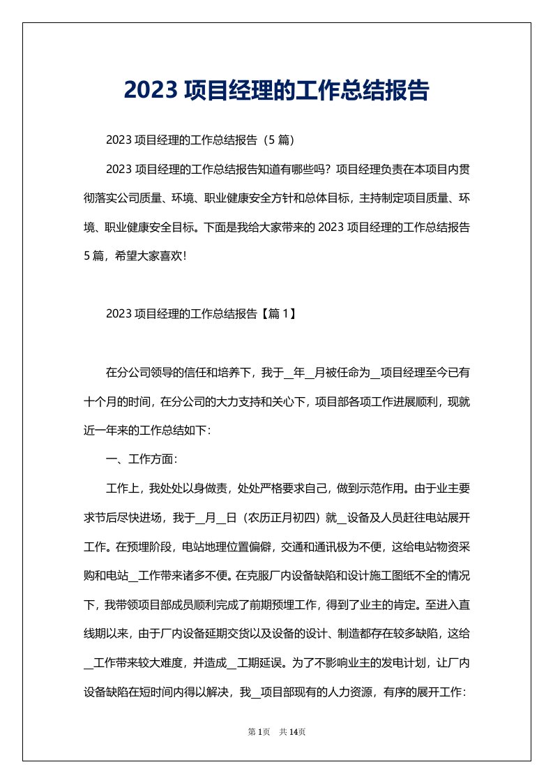 2023项目经理的工作总结报告