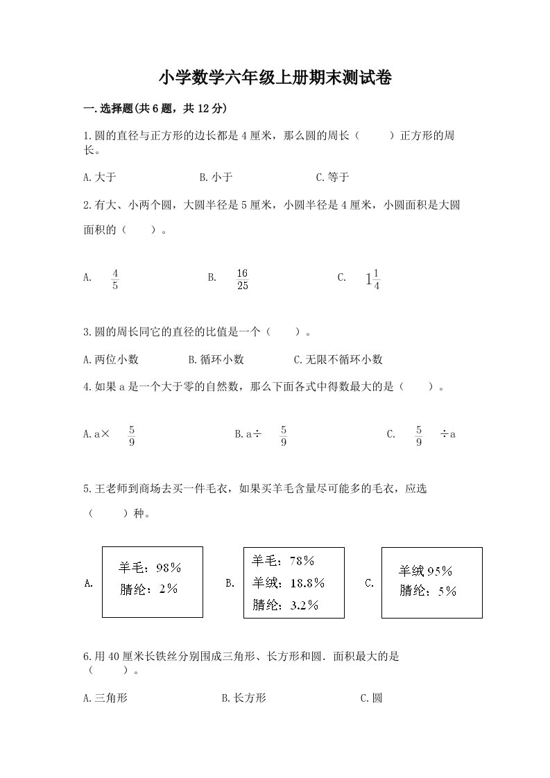 小学数学六年级上册期末测试卷（真题汇编）