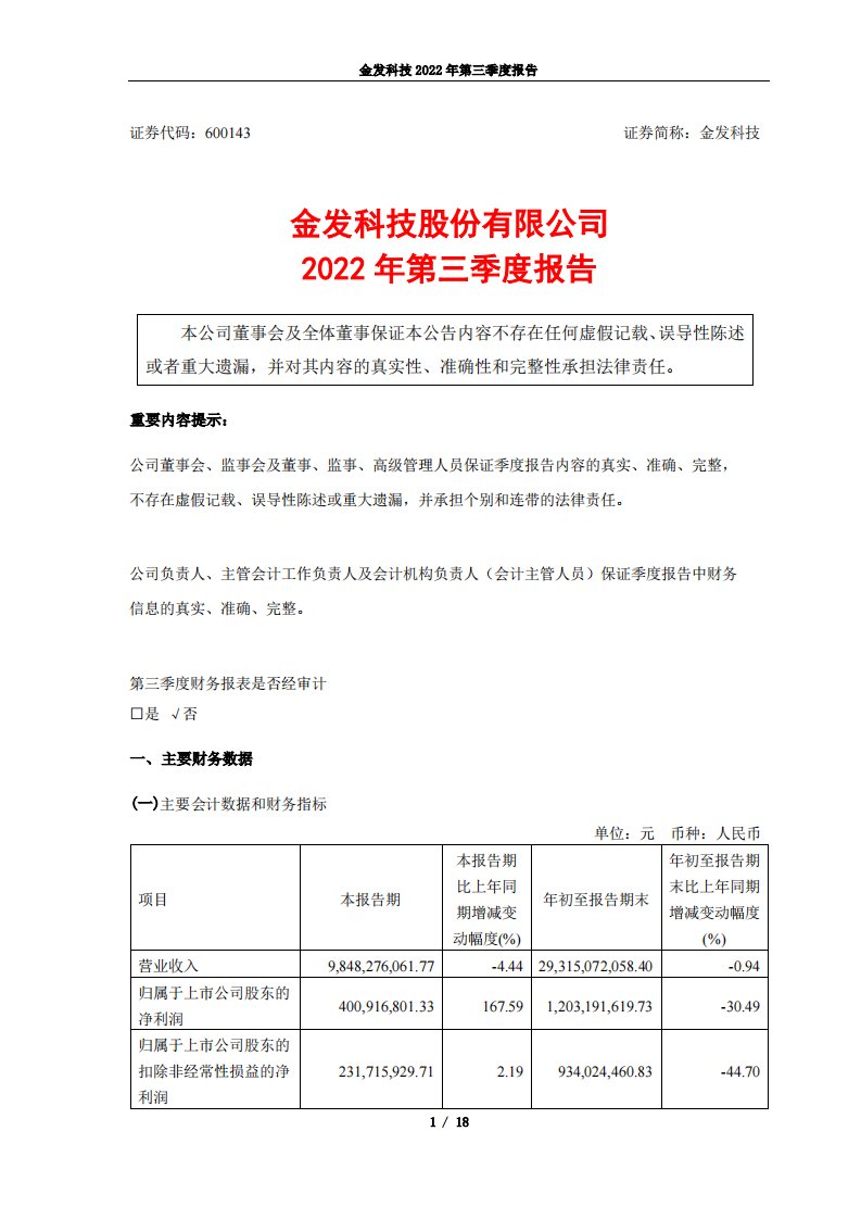 上交所-金发科技2022年第三季度报告-20221024