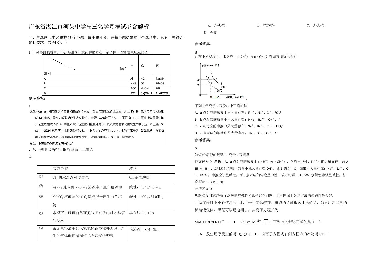 广东省湛江市河头中学高三化学月考试卷含解析