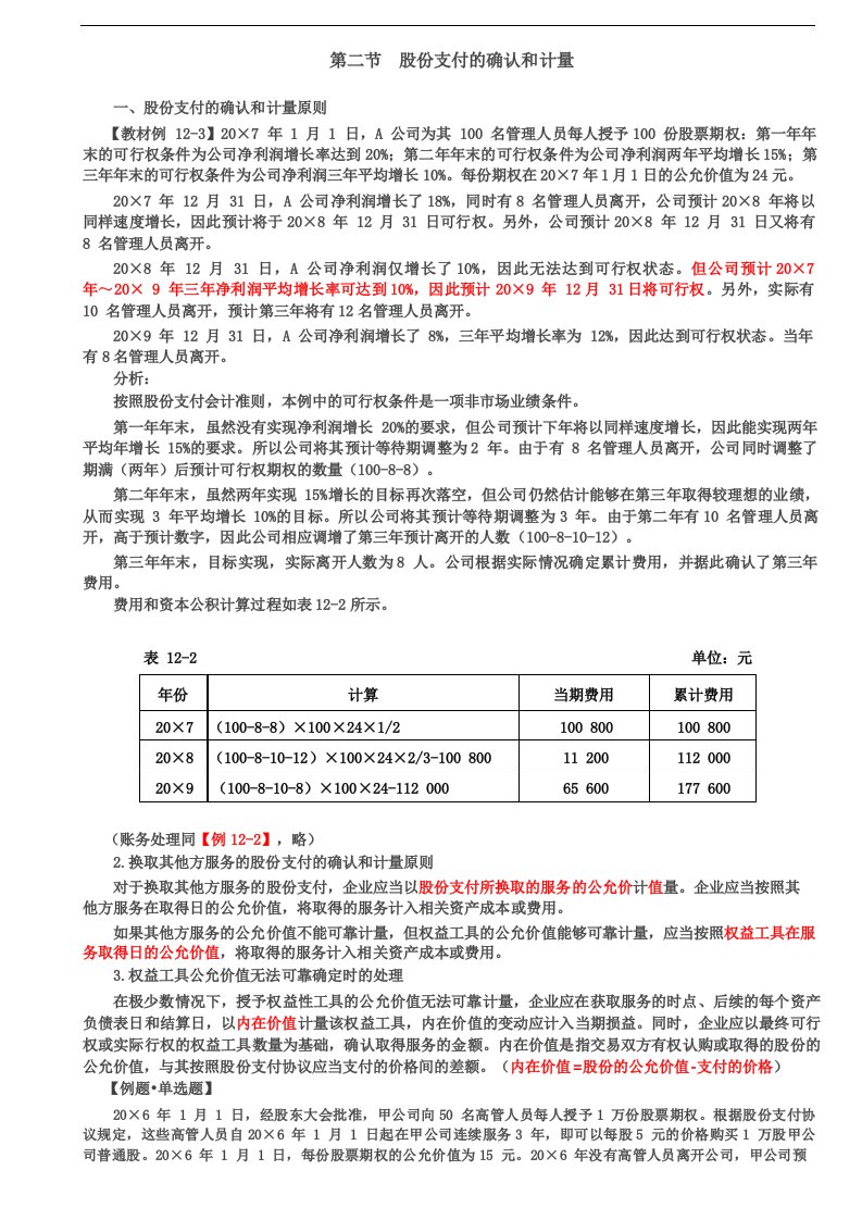 股份支付的确认和计量原则