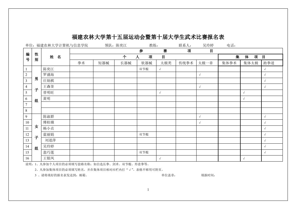 武术比赛报名表(1)