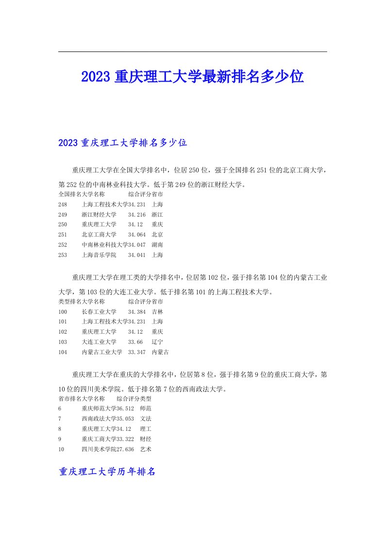 2023重庆理工大学最新排名多少位