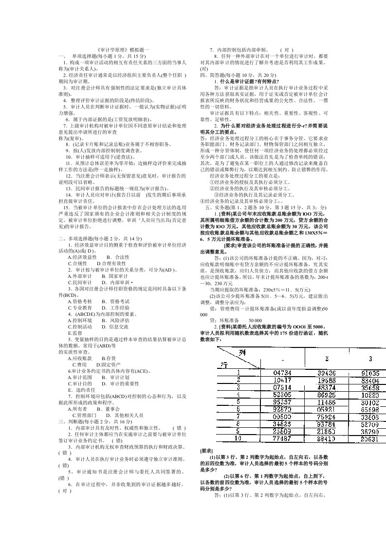 《审计学原理》模拟题一