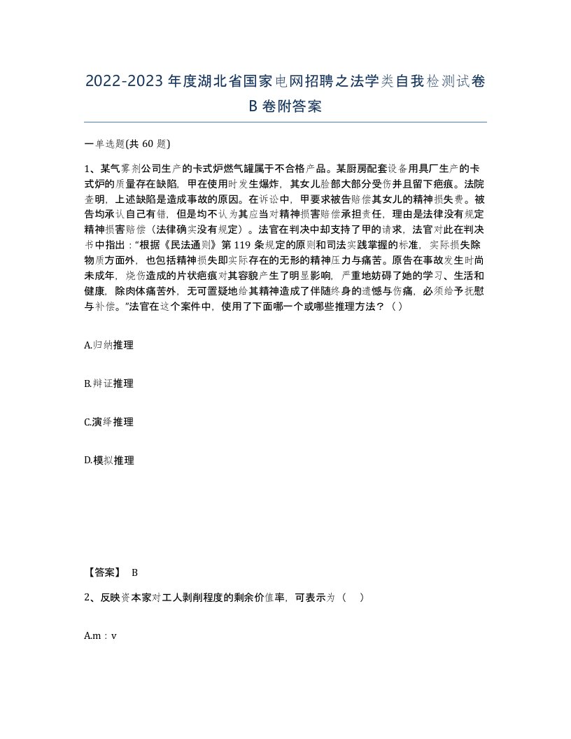 2022-2023年度湖北省国家电网招聘之法学类自我检测试卷B卷附答案