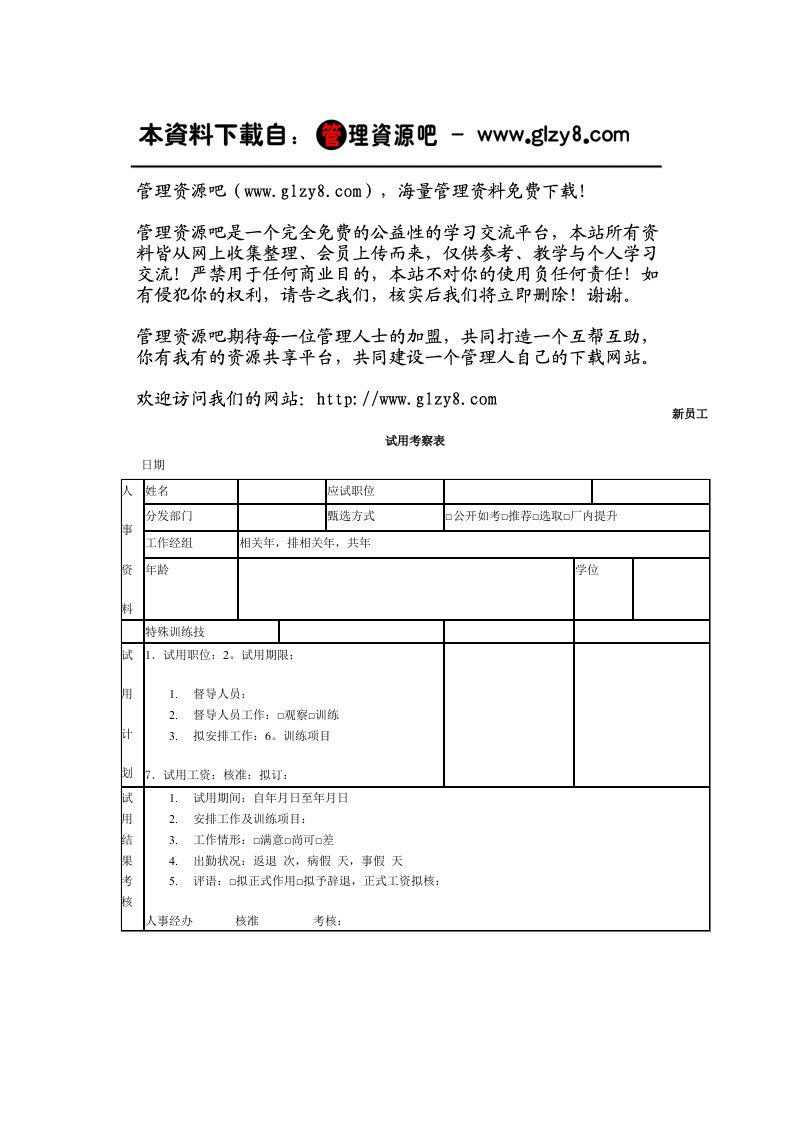 新员工试用考察表