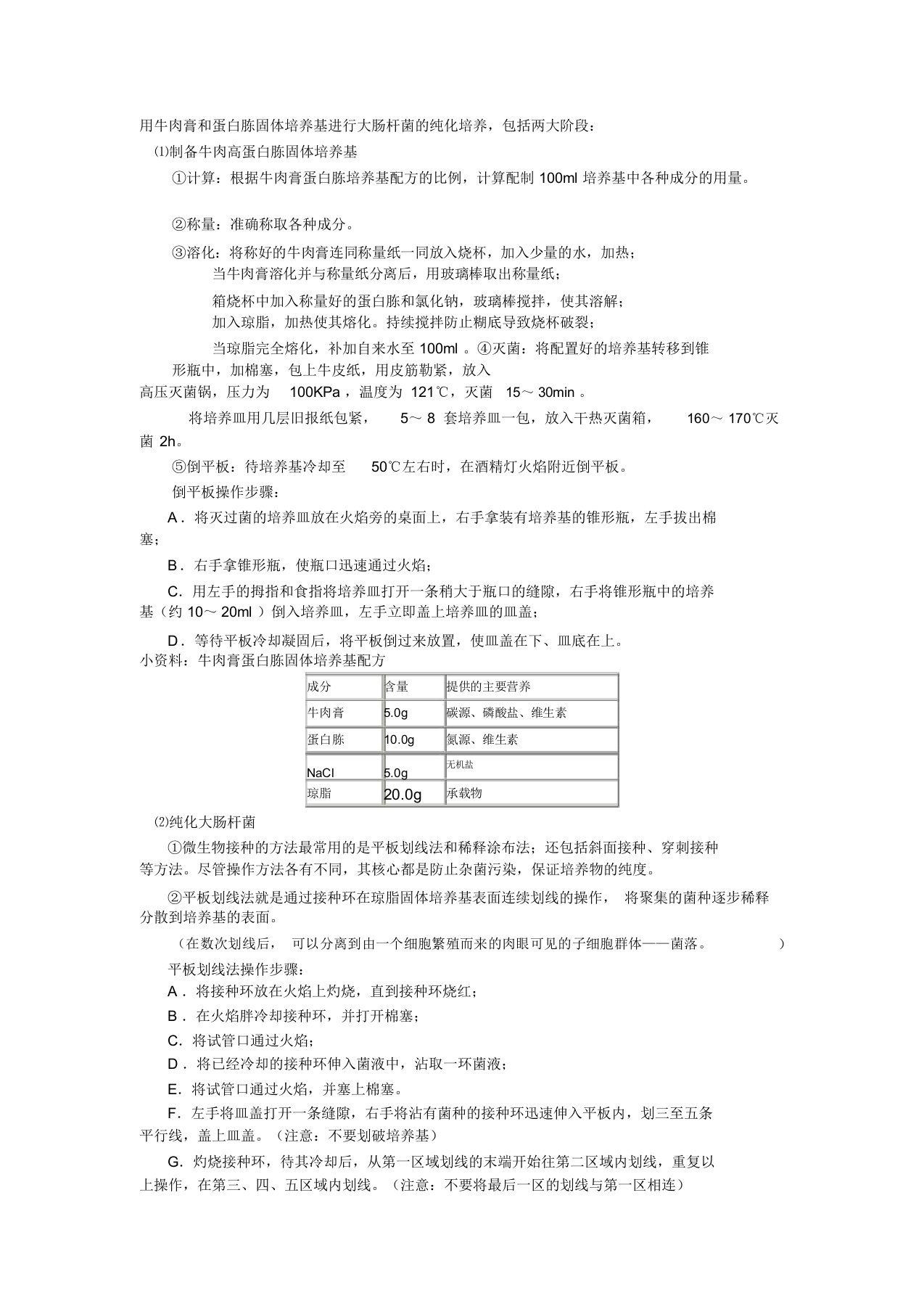 用牛肉膏和蛋白胨固体培养基进行大肠杆菌的纯化培养