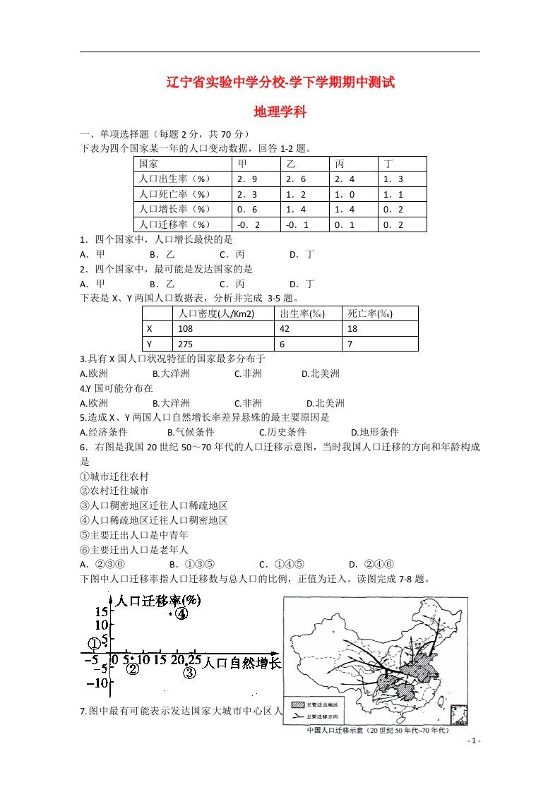 辽宁省实验中学分校高一地理下学期期中试题