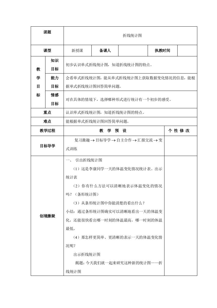 部编人教版五年级数学下册第7单元《折线统计图》教学设计