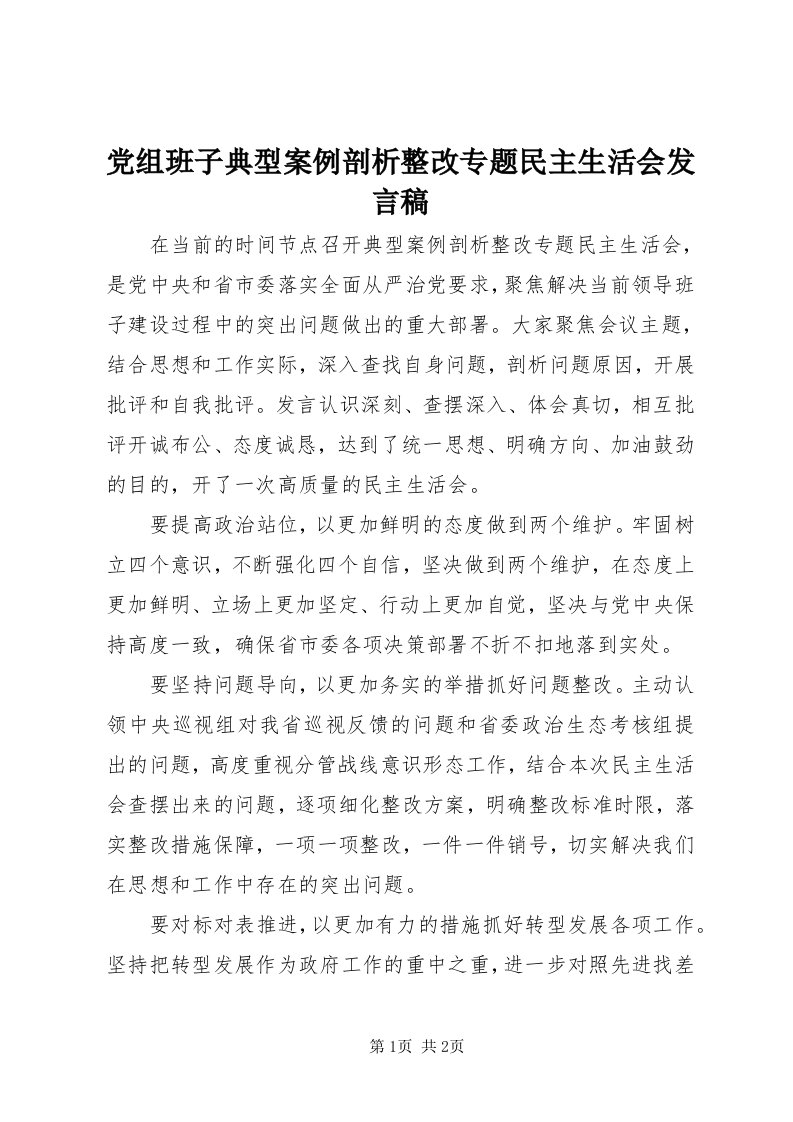 党组班子典型案例剖析整改专题民主生活会讲话稿