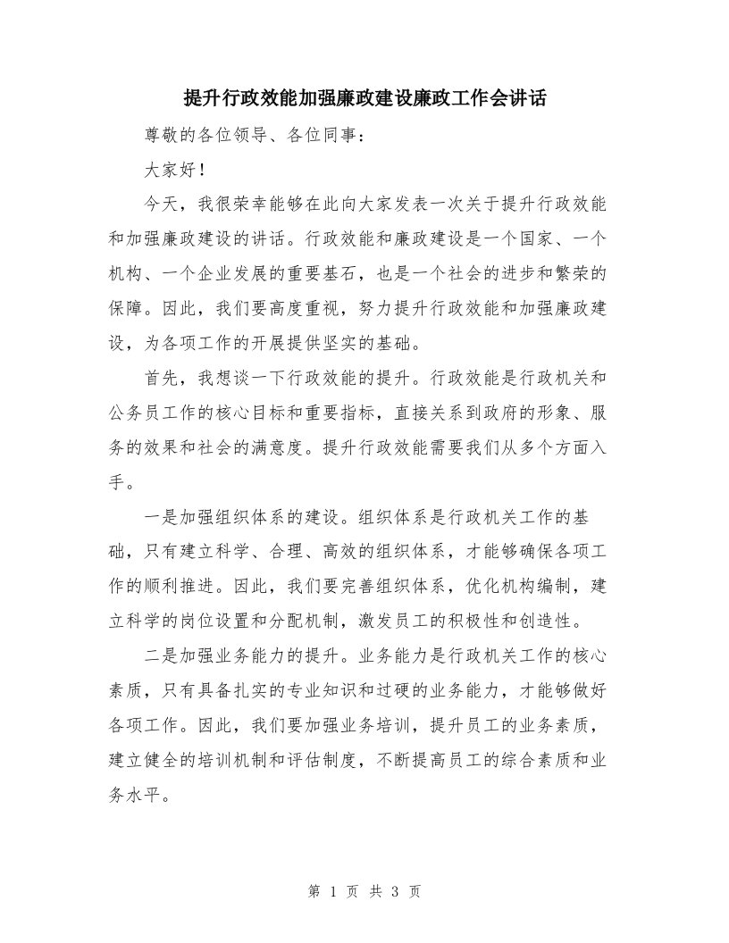 提升行政效能加强廉政建设廉政工作会讲话