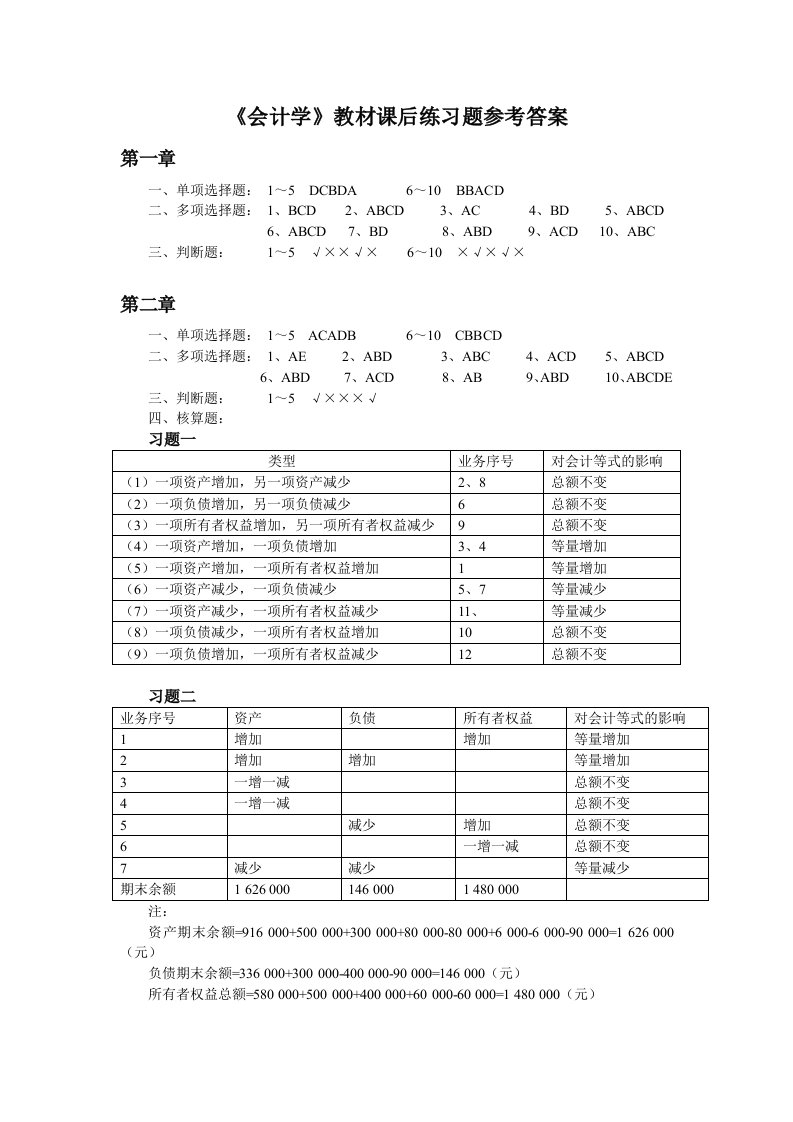 会计学教材课后练习题答案