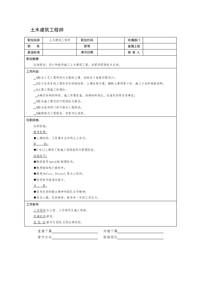 某房产公司土木建筑工程师岗位说明书