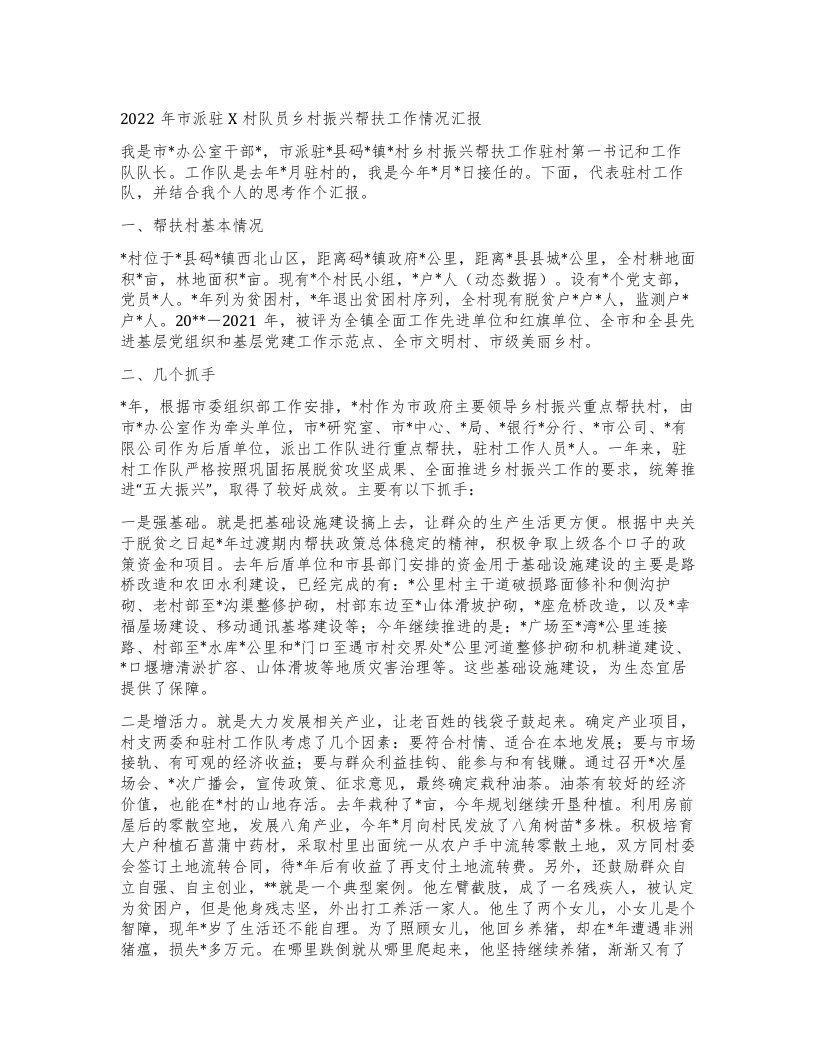 市派驻X村队员乡村振兴帮扶工作情况汇报