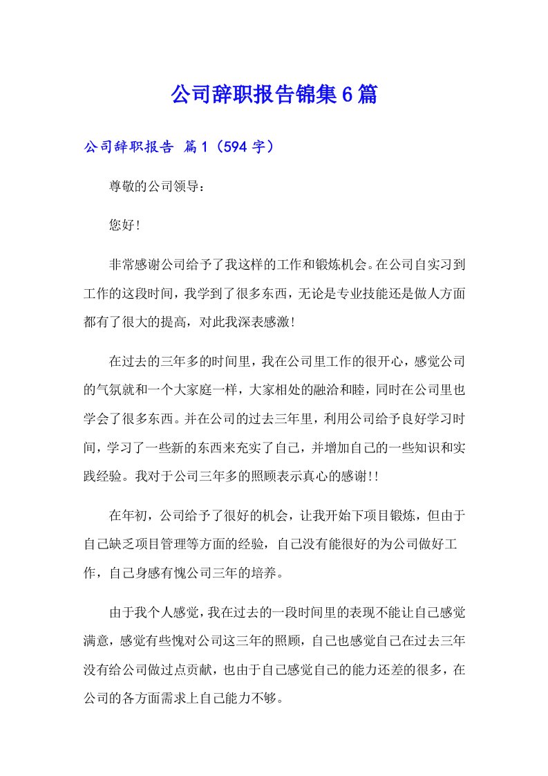 公司辞职报告锦集6篇