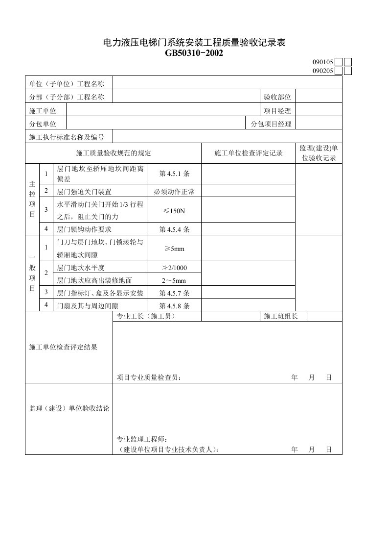 电力液压电梯门系统安装工程质量验收记录表