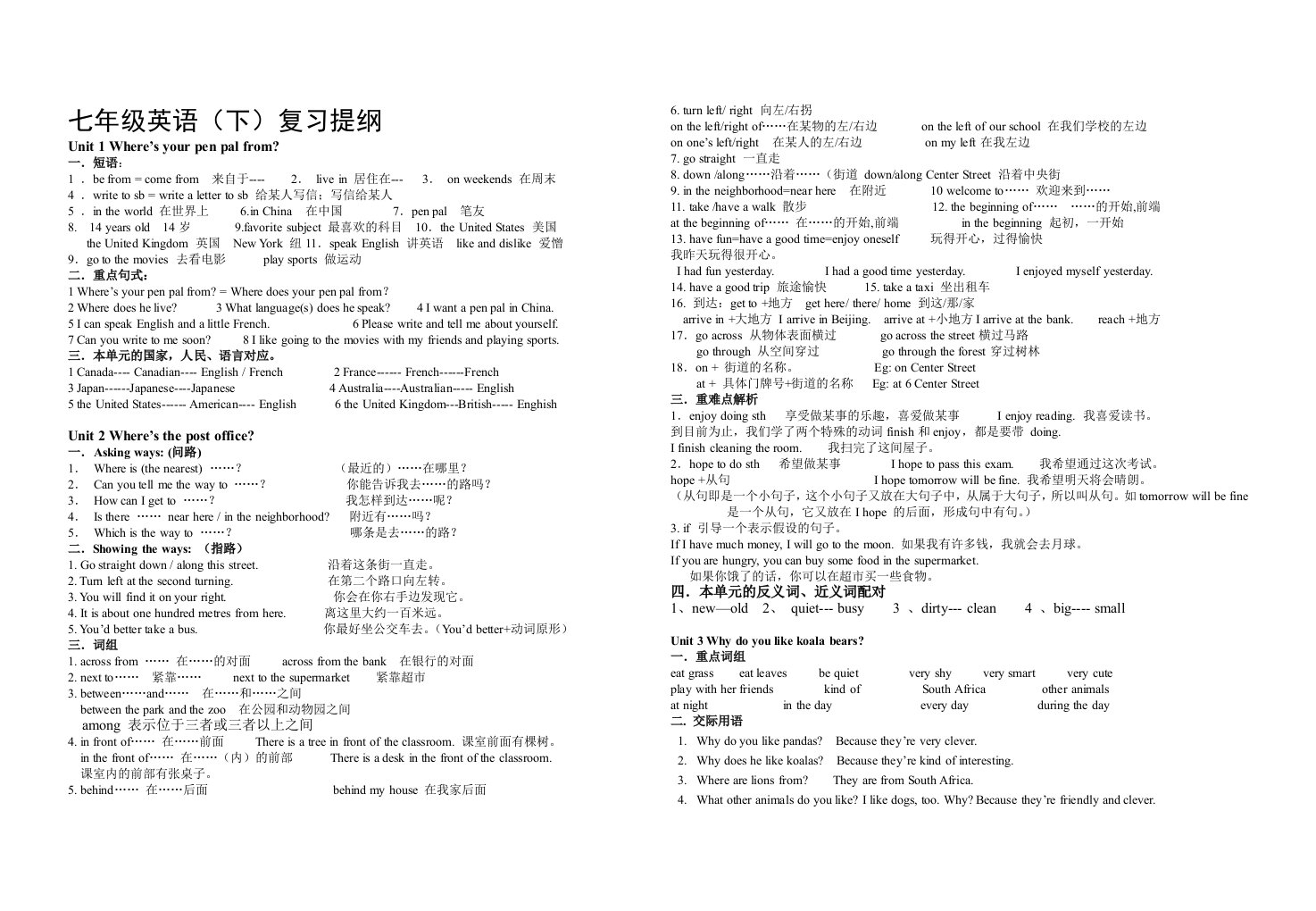 七年级英语下册复习提纲