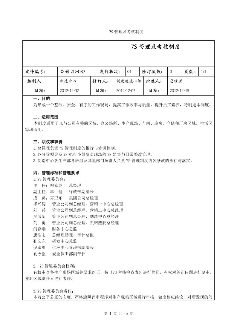 公司7S管理及考核制度