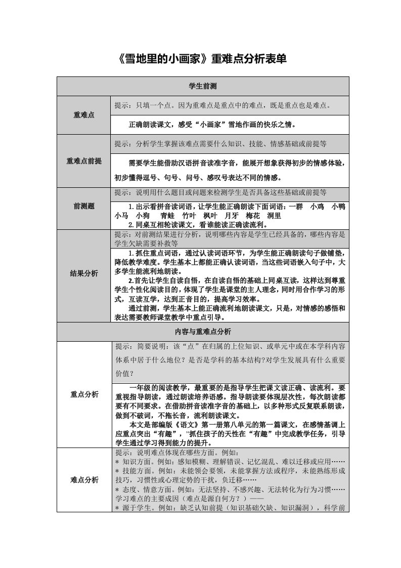 雪地里的小画家重难点分析表单