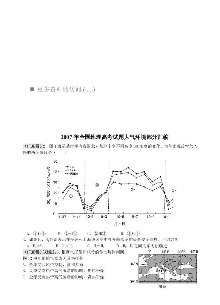 某年全国地理高考试题大气环境部分汇编