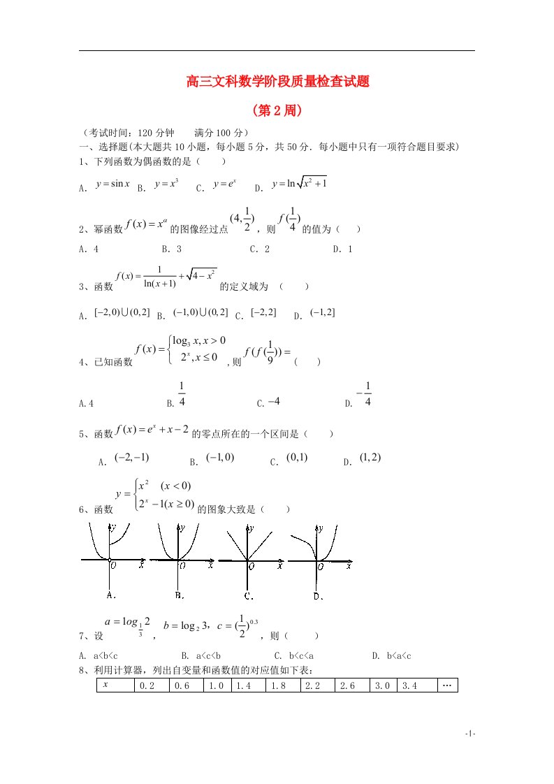 吉林省东北师范大学附属中学高考数学一轮复习阶段测试卷（第2周）文