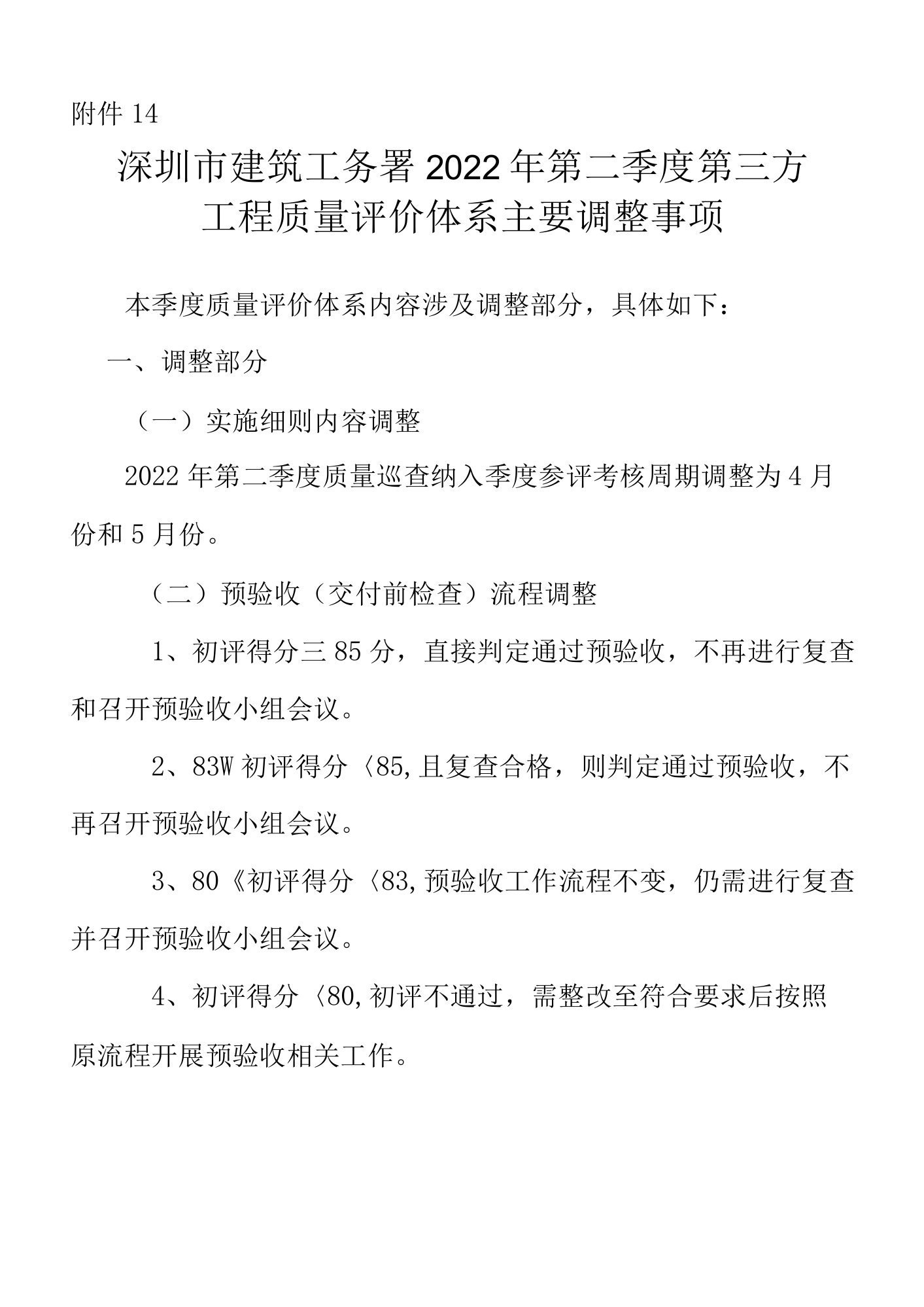 建筑工务署2022年第一季度第三方工程质量评价体系主要调整事项