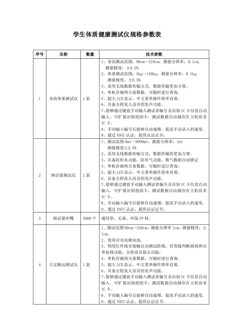 学生体质健康测试仪规格参数表