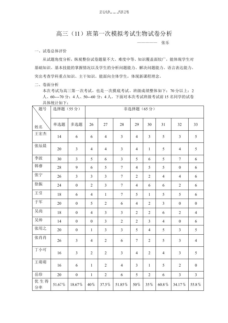 高三班第一次模拟考试生物试卷分析