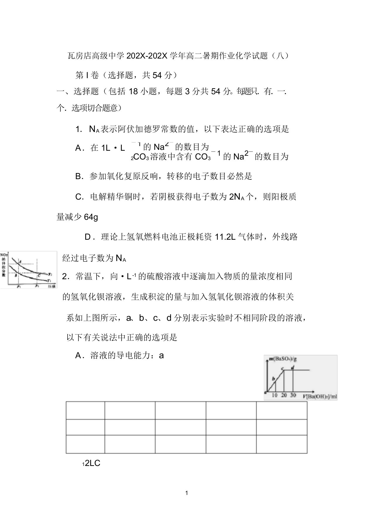 辽宁省瓦房店高级中学202X-202X学年高二化学暑假作业试题(八)