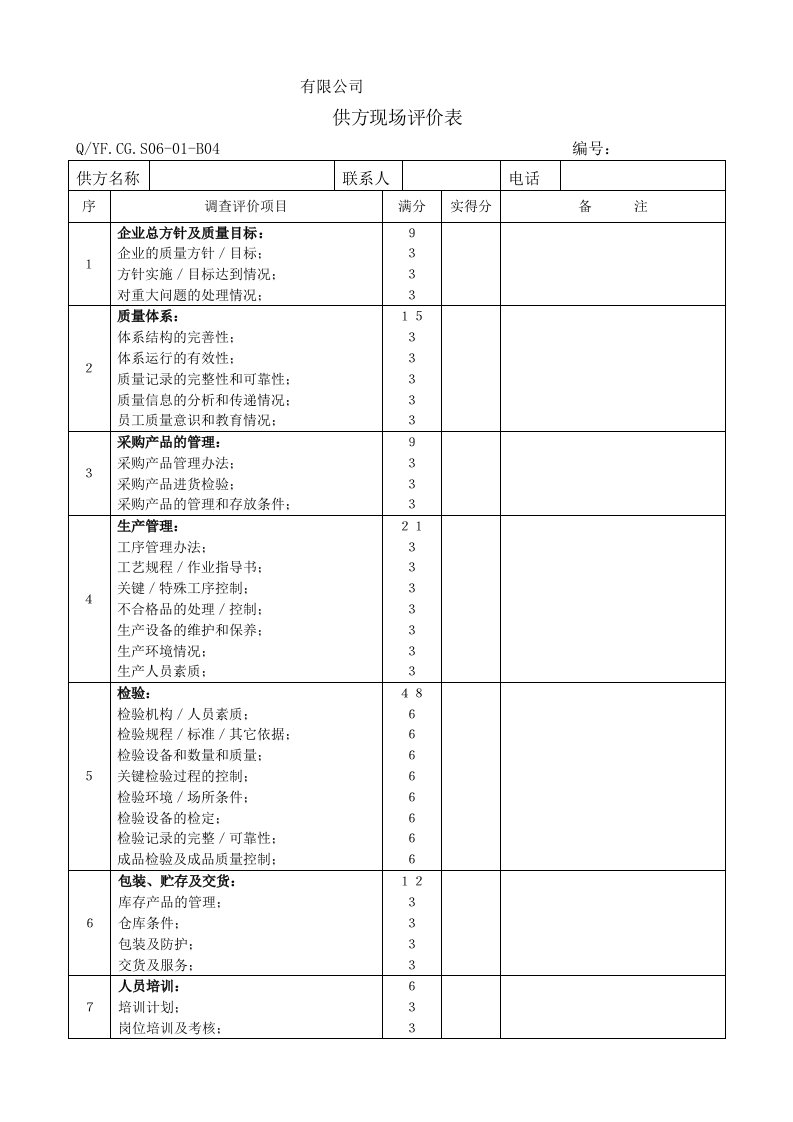 TS16949体系供方现场评价表