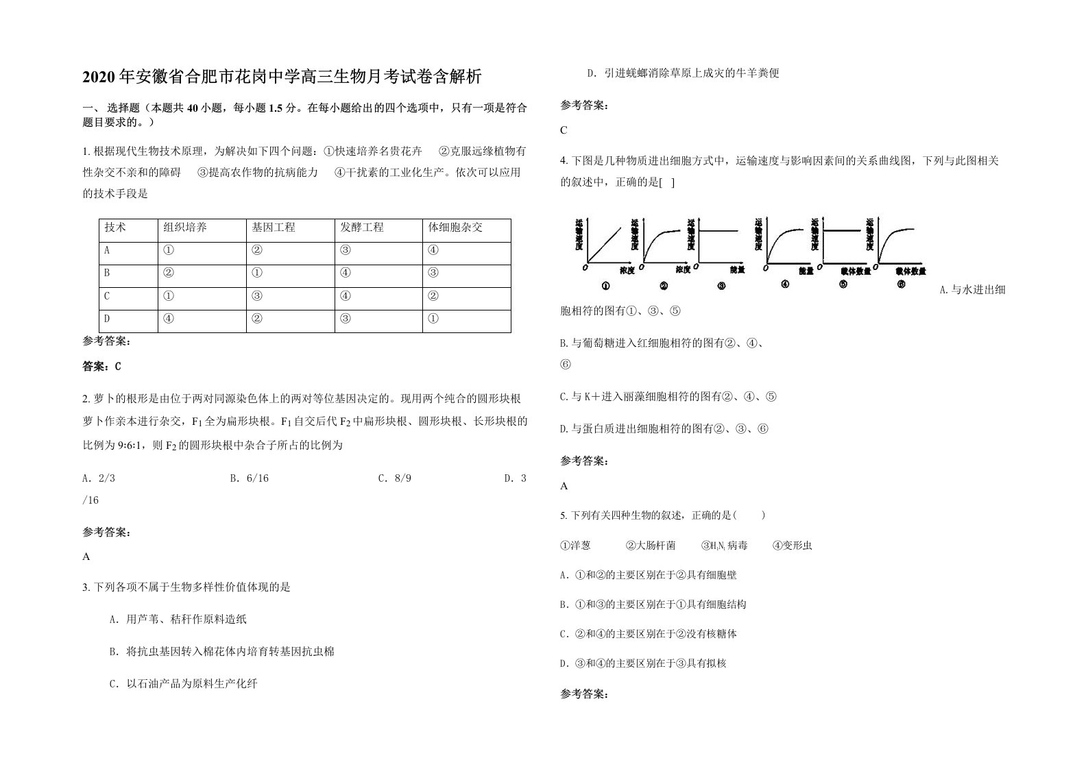 2020年安徽省合肥市花岗中学高三生物月考试卷含解析