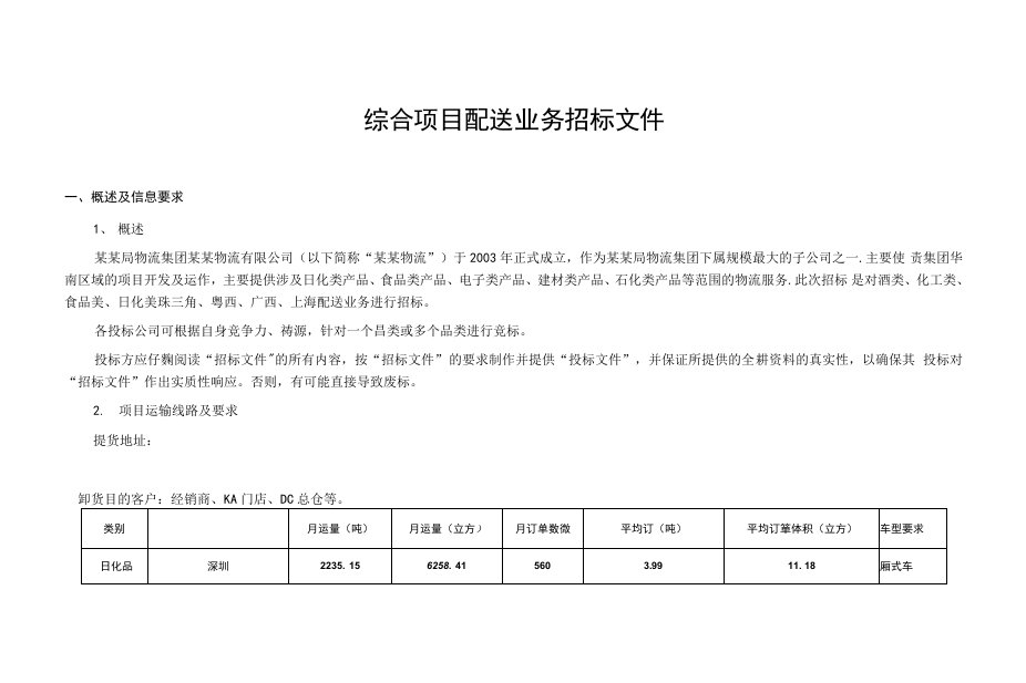 综合项目配送业务招标文件