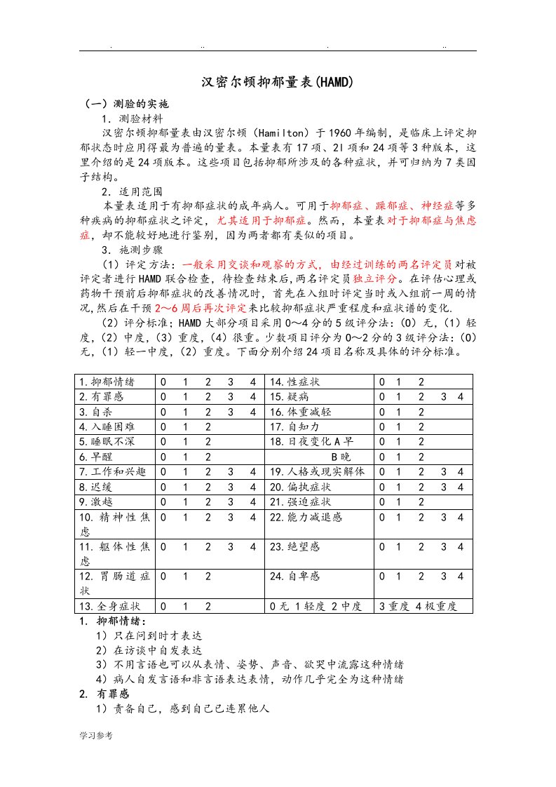 汉密尔顿抑郁量表[HAMD]