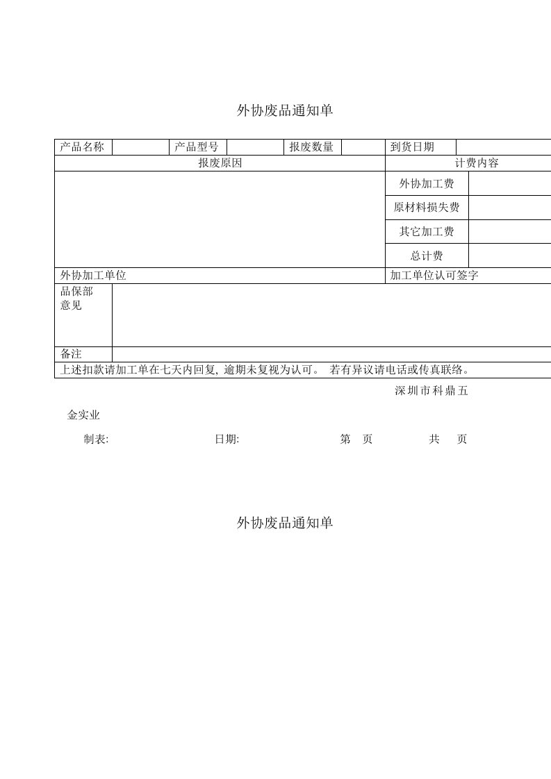 2021年公司外协废品通知单样本