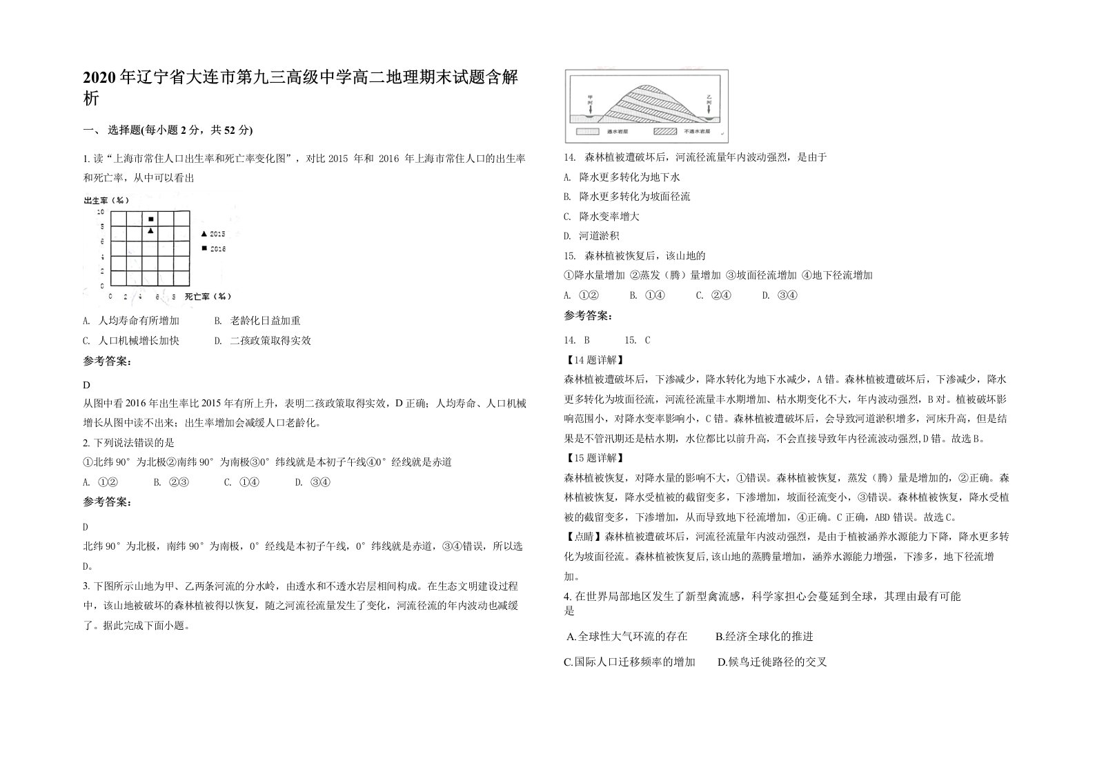 2020年辽宁省大连市第九三高级中学高二地理期末试题含解析