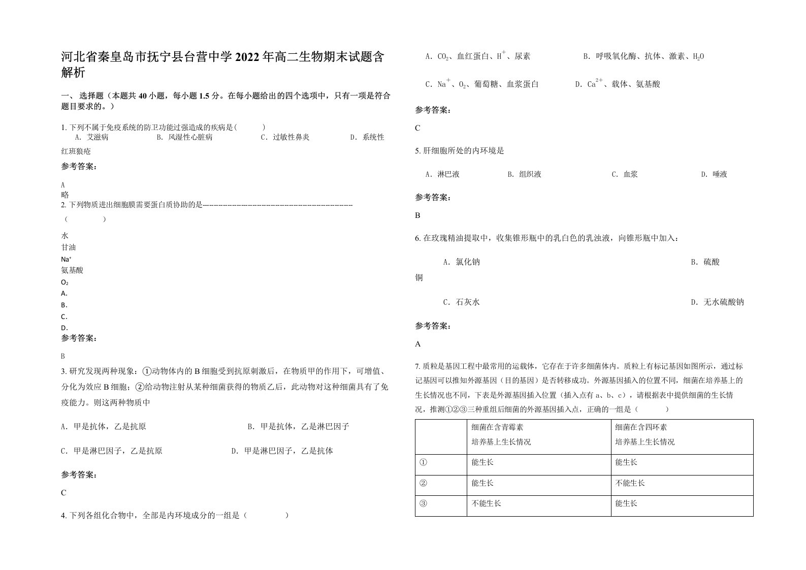 河北省秦皇岛市抚宁县台营中学2022年高二生物期末试题含解析