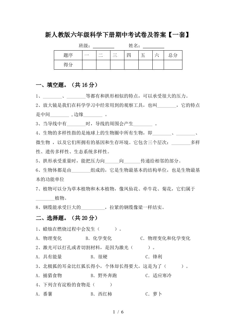 新人教版六年级科学下册期中考试卷及答案一套