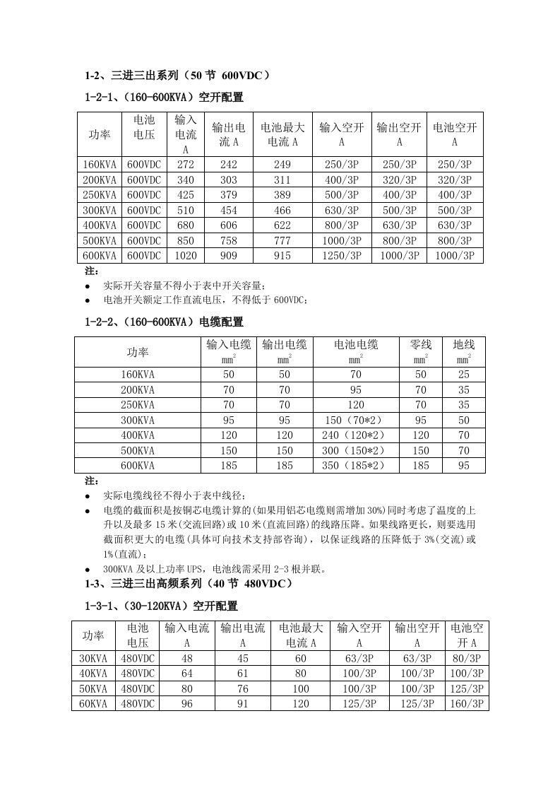 UPS电缆参数-配线规格表