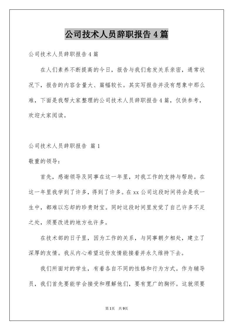 公司技术人员辞职报告4篇范本