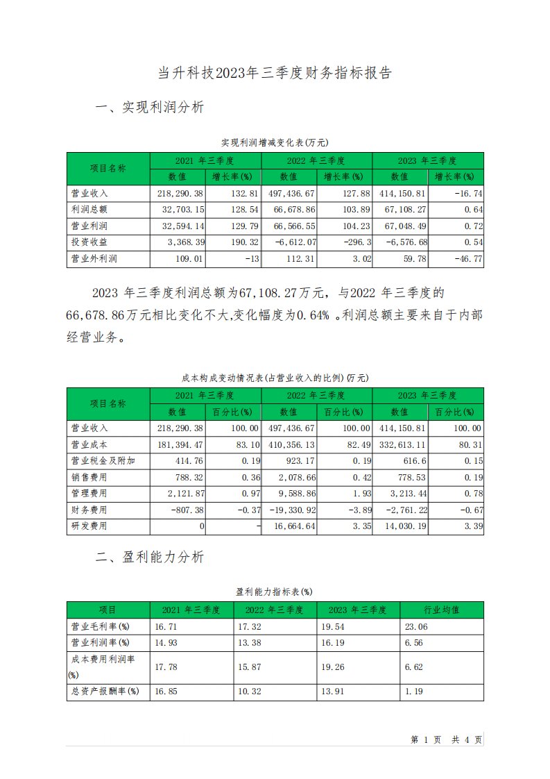 300073当升科技2023年三季度财务指标报告