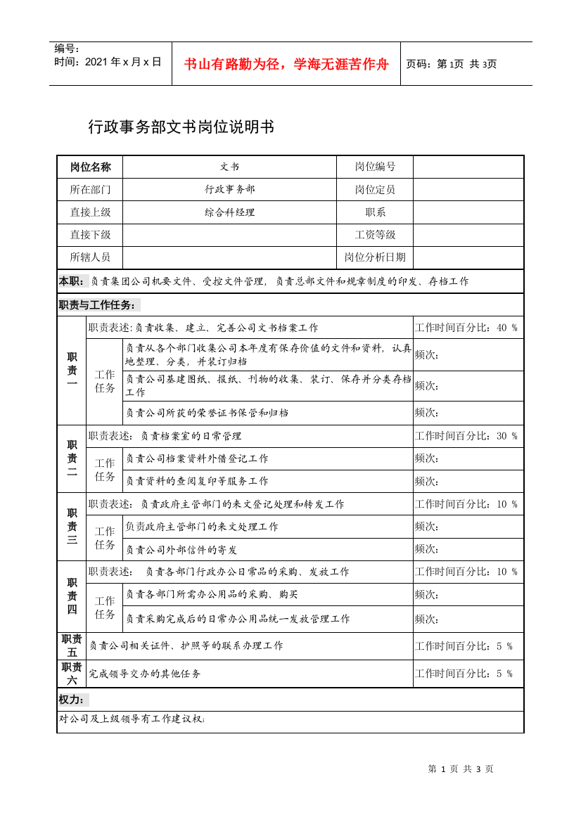 制鞋企业行政事务部文书岗位说明书