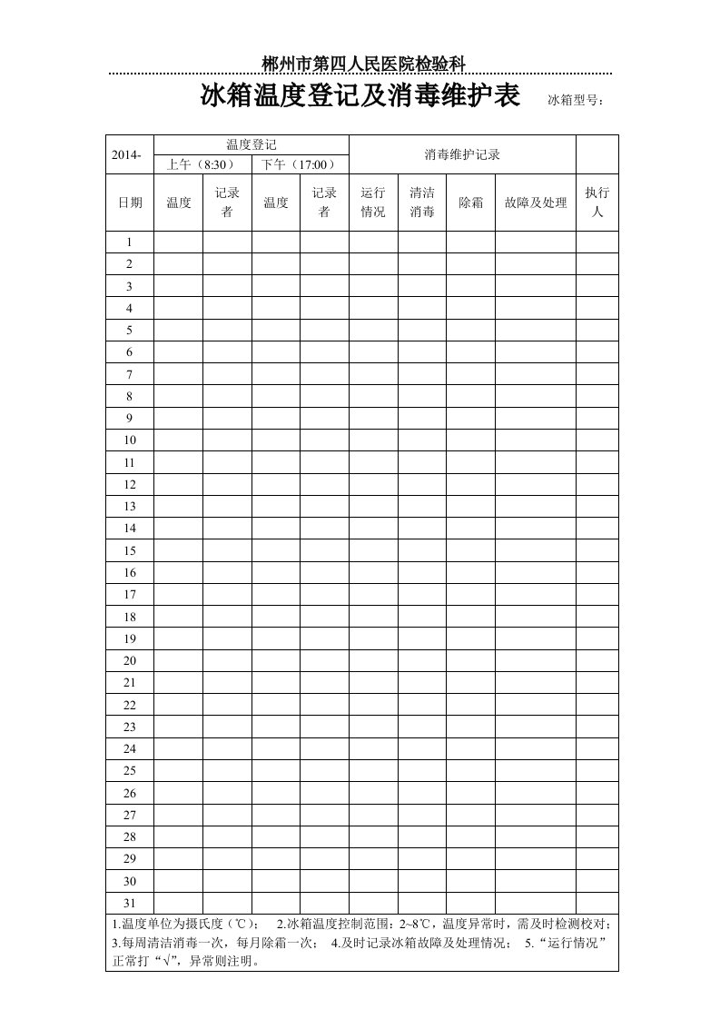 冰箱温度登记及消毒维护表