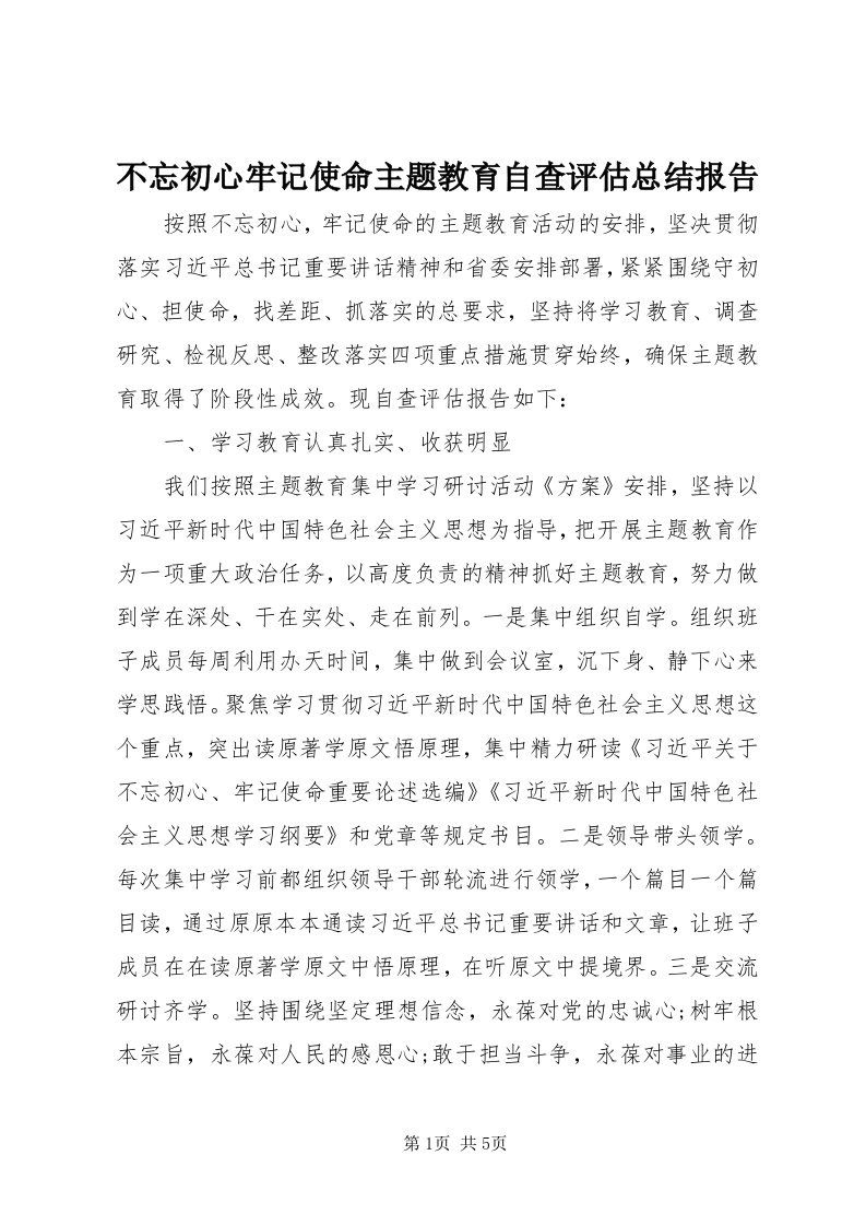 不忘初心牢记使命主题教育自查评估总结报告