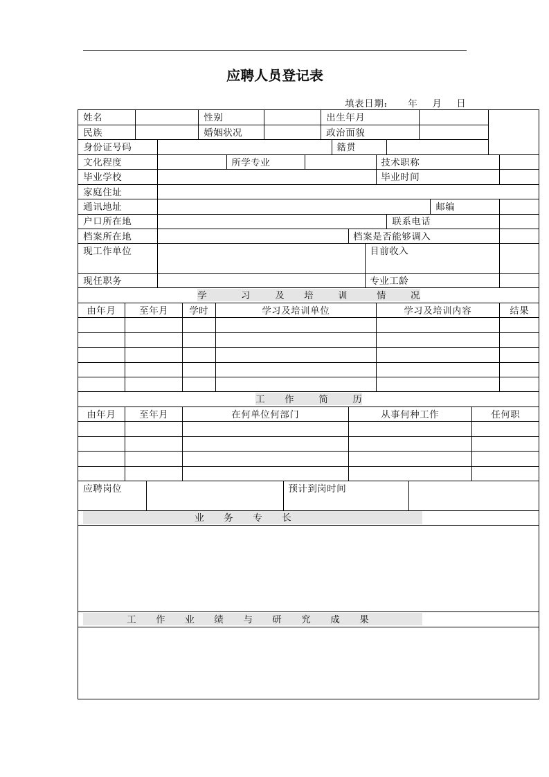 企业应聘人员登记表