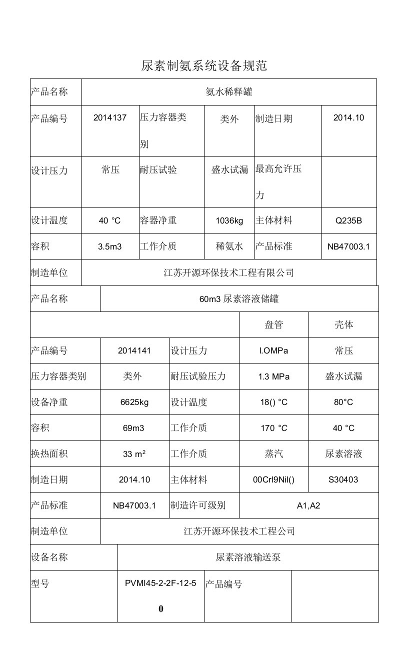 尿素制氨系统设备规范