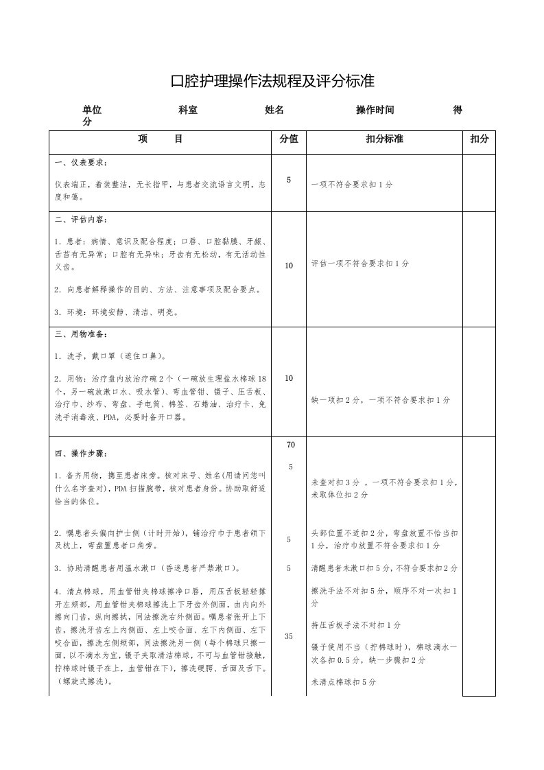 口腔护理操作法规程及评分标准