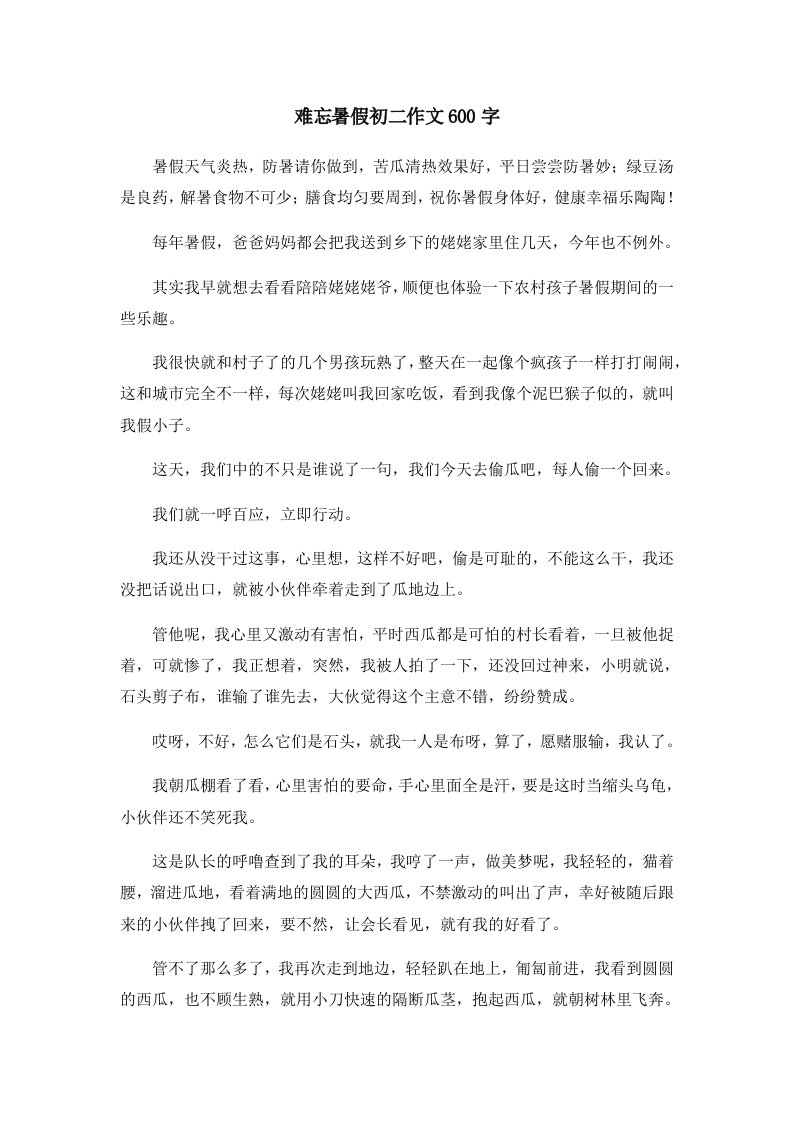 初中作文难忘暑假初二作文600字