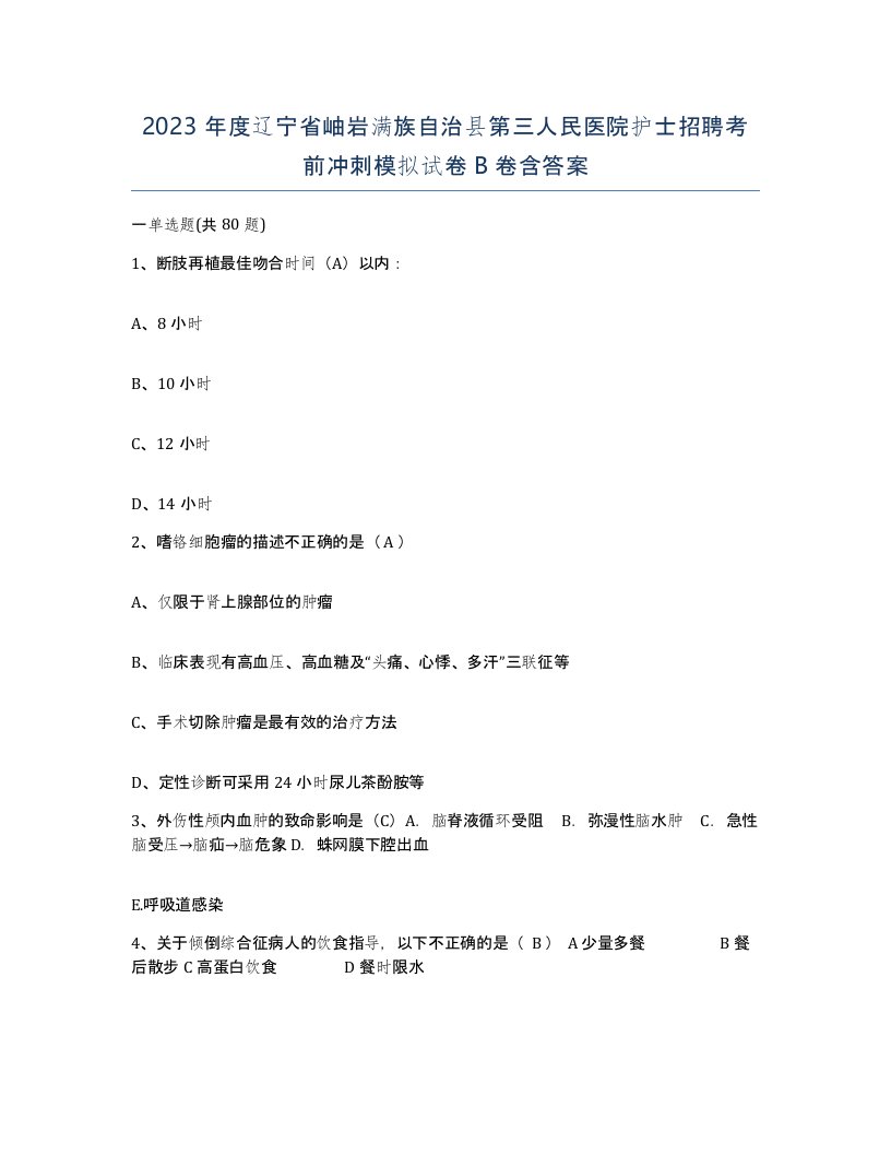 2023年度辽宁省岫岩满族自治县第三人民医院护士招聘考前冲刺模拟试卷B卷含答案